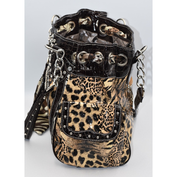 USTYLE Animal Print Western Handbag Rhinestones & Studs Dual Handles - Picture 7 of 8